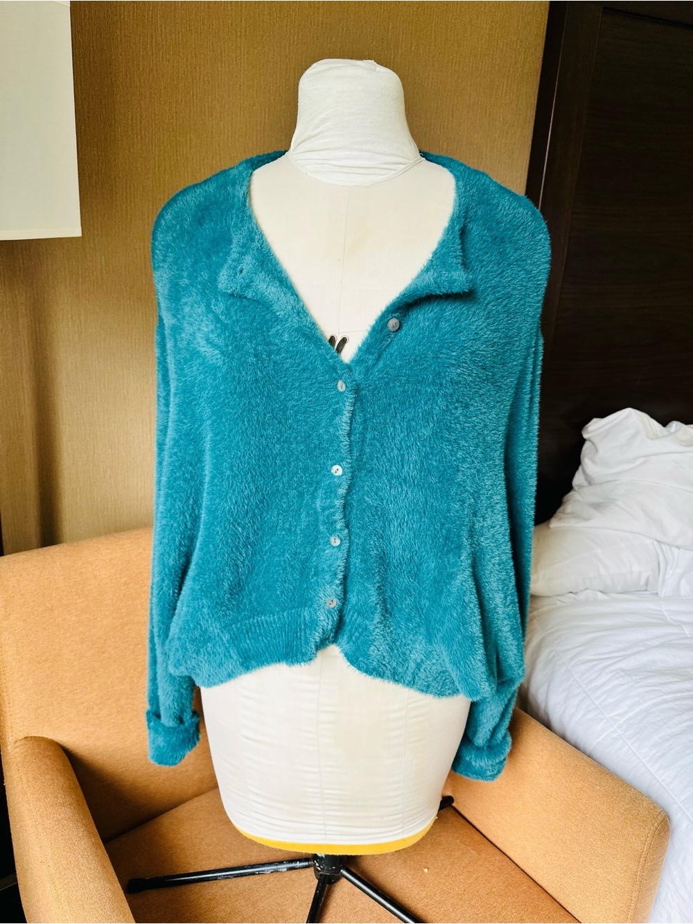 FREE PEOPLE Sz M FP ONE WYATT CARDI SOFT FUZZY BUTTON FRONT CARDIGAN TEAL - Picture 13 of 13